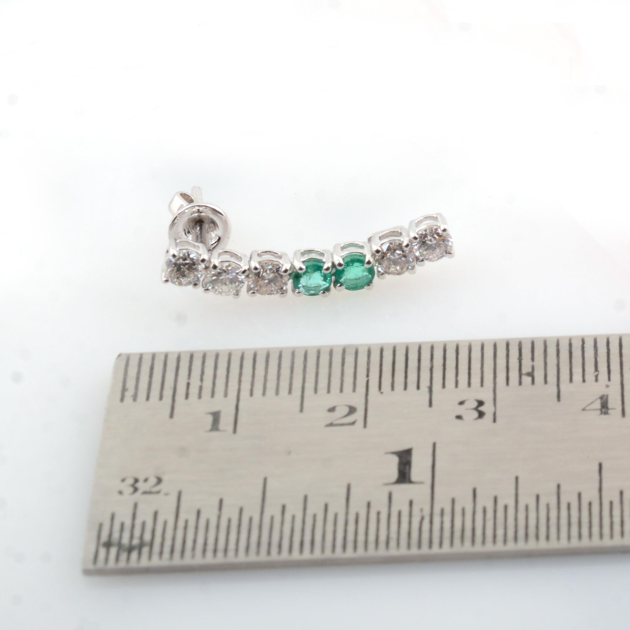 Round Cut Natural Emerald Diamond Curve Bar Stud Earrings 18 Karat White Gold Fine Jewelry For Sale