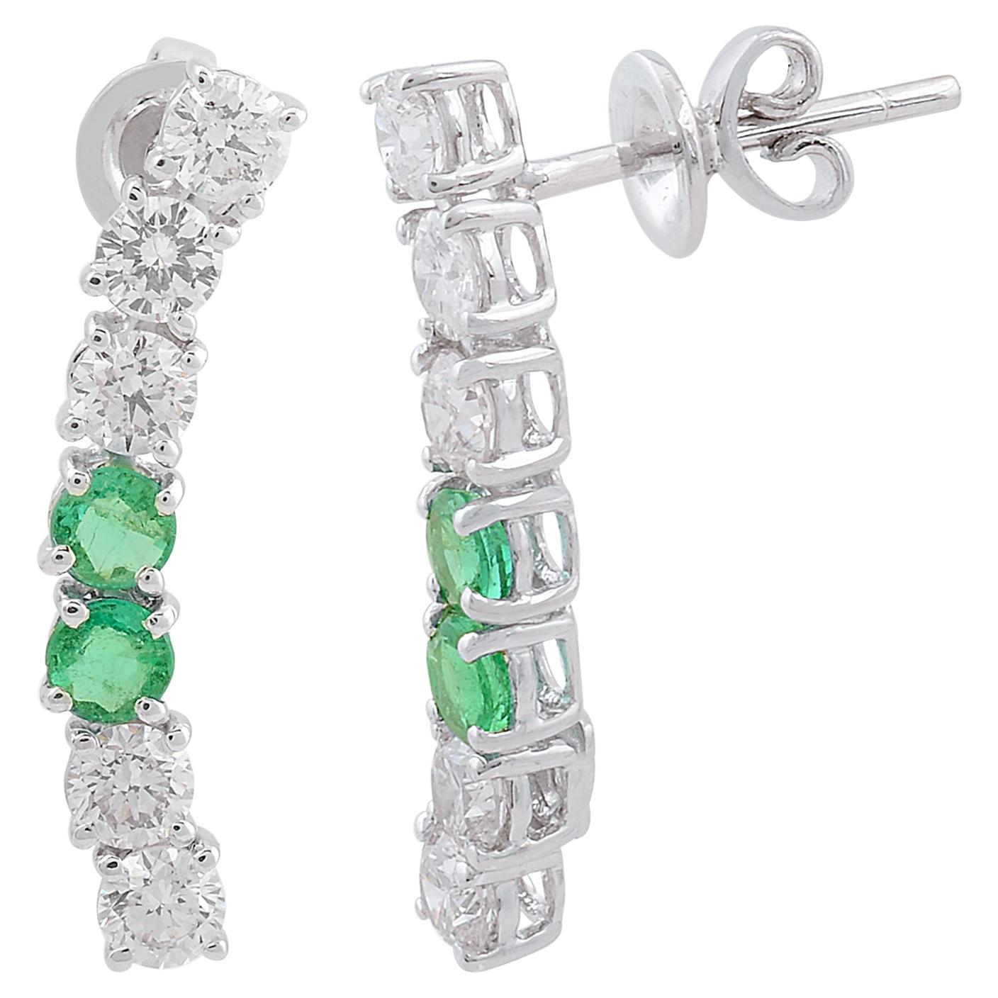 Natural Emerald Diamond Curve Bar Stud Earrings 18 Karat White Gold Fine Jewelry For Sale