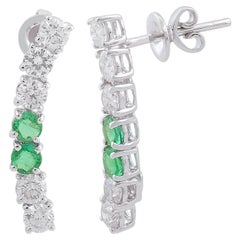 Natural Emerald Diamond Curve Bar Stud Earrings 18 Karat White Gold Fine Jewelry