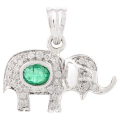 Natural Emerald Diamond Dainty Elephant Pendant in 18k Solid White Gold