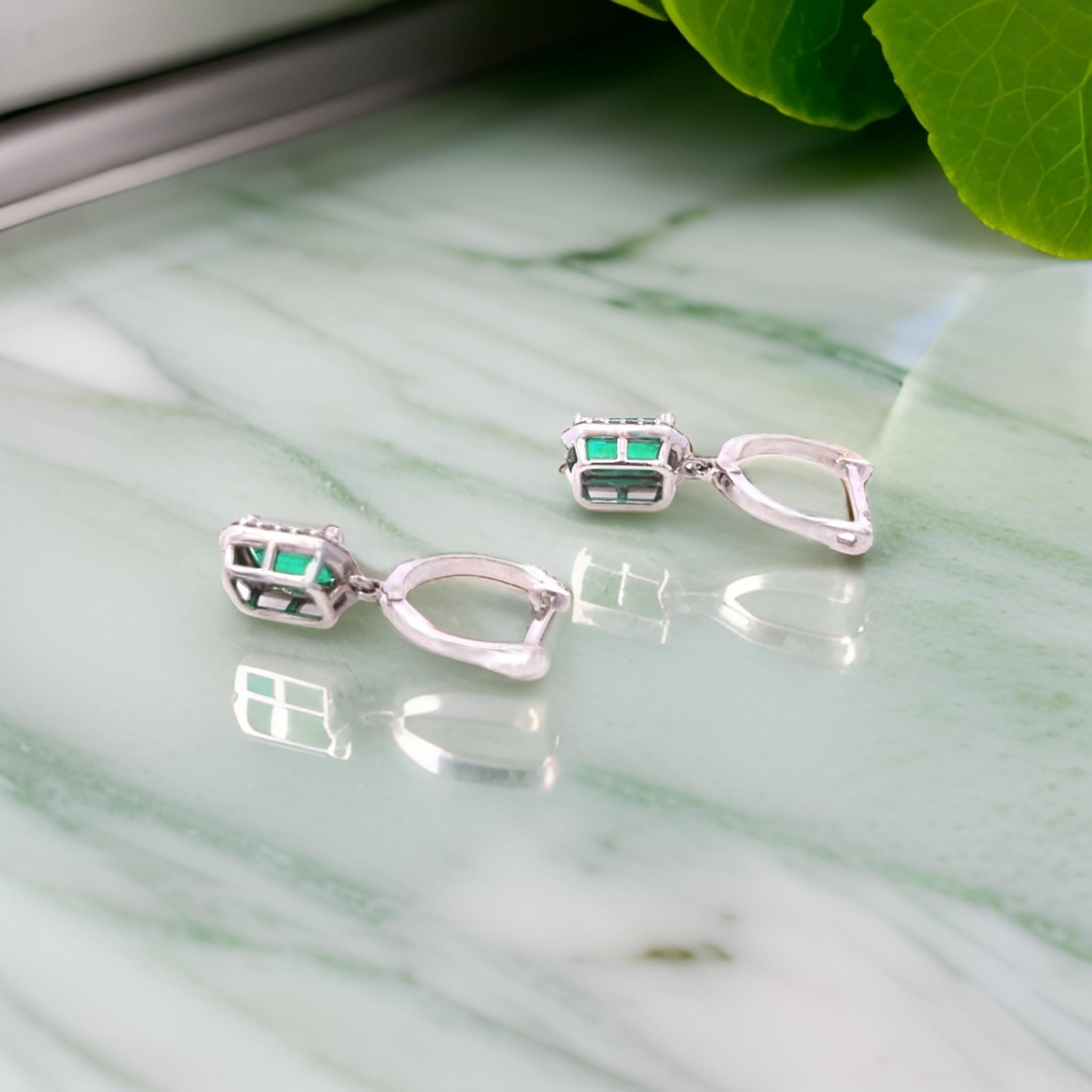 Emerald Cut Natural Emerald Diamond Dangle Earrings 1