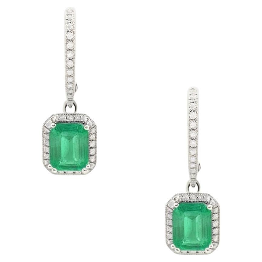 Natural Emerald Diamond Dangle Earrings 1" 14k White Gold 3.06 TCW Certified
