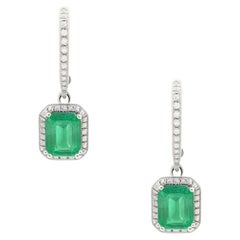 Natural Emerald Diamond Dangle Earrings 1" 14k White Gold 3.06 TCW Certified