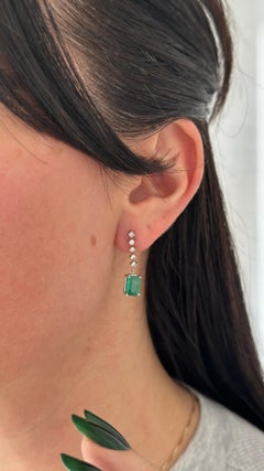 Natural Emerald Diamond Dangle Earrings 14k W Gold 3 TCW Certified