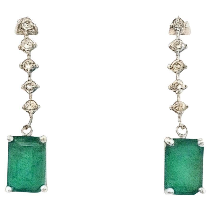 Pendientes Colgantes Diamante Esmeralda Natural Oro 14k W 3 TCW Certificado