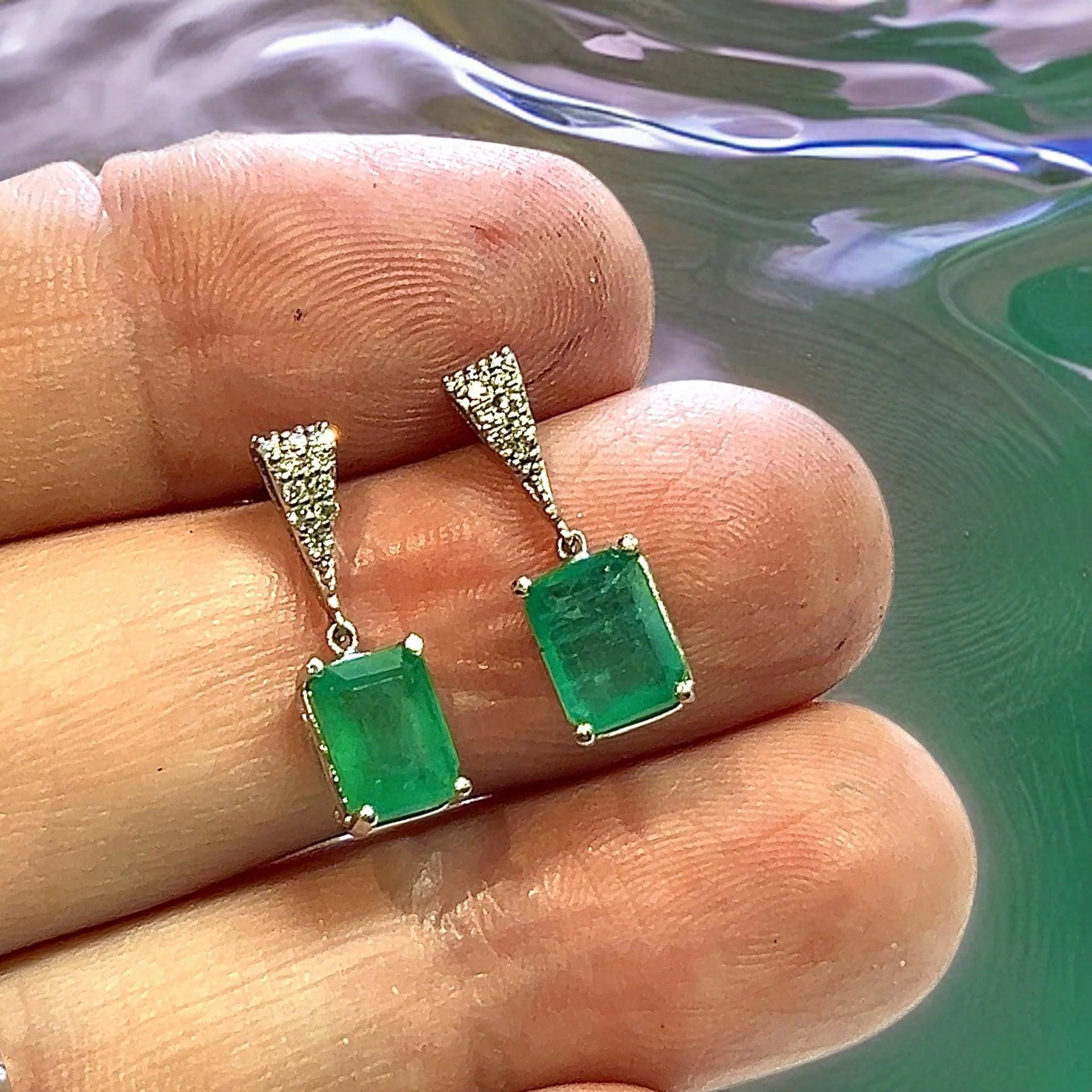 Natural Emerald Diamond Dangle Earrings 14k WG 2.99 TCW Certified  For Sale 8