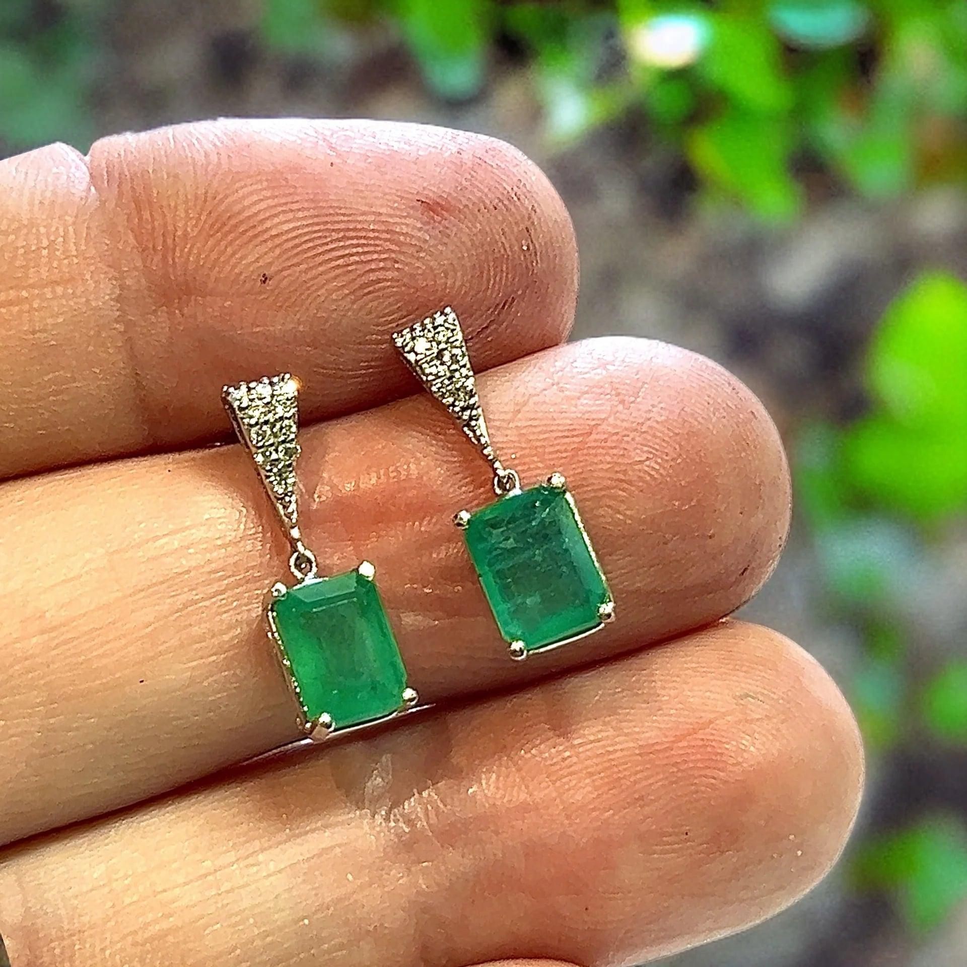 Natural Emerald Diamond Dangle Earrings 14k WG 2.99 TCW Certified  For Sale 9