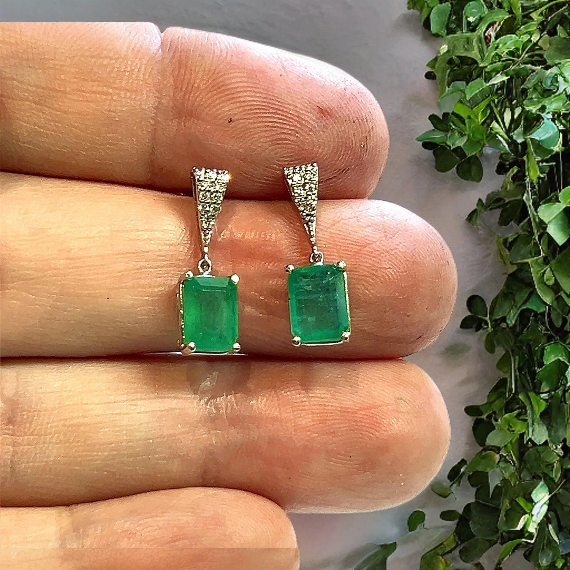 Emerald Cut Natural Emerald Diamond Dangle Earrings 14k WG 2.99 TCW Certified  For Sale