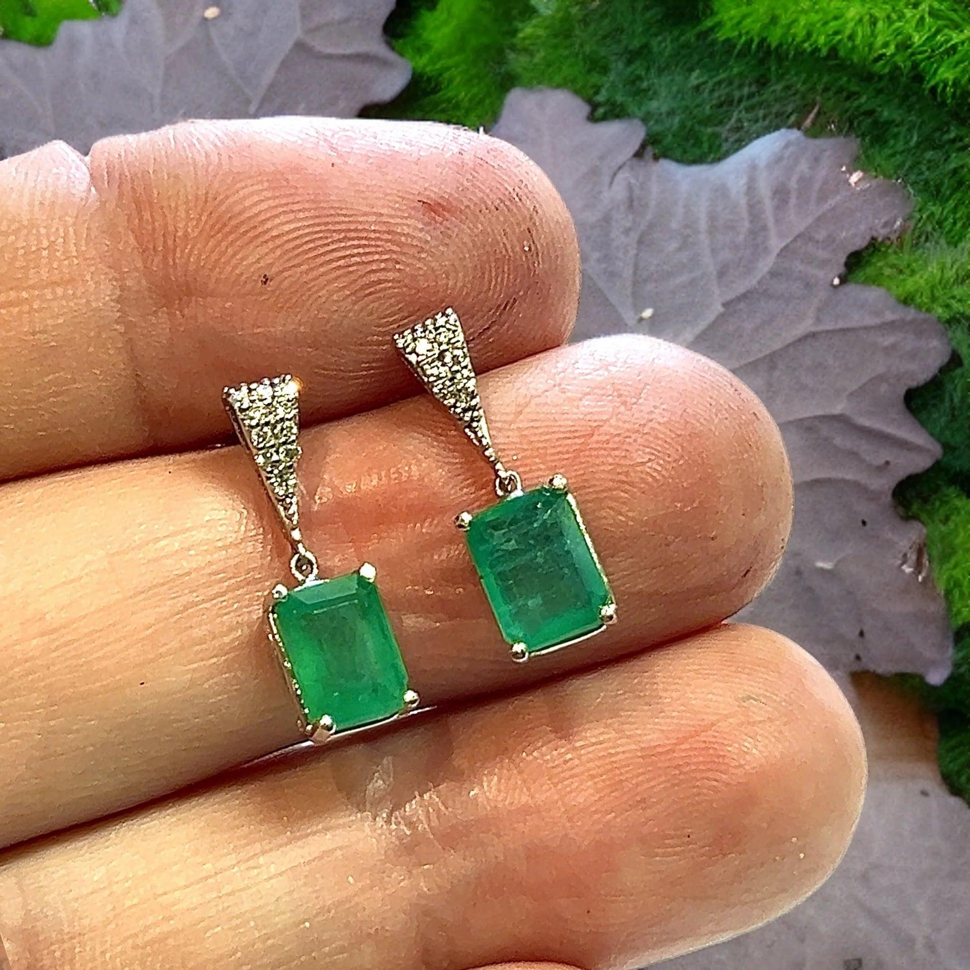Natural Emerald Diamond Dangle Earrings 14k WG 2.99 TCW Certified  For Sale 2