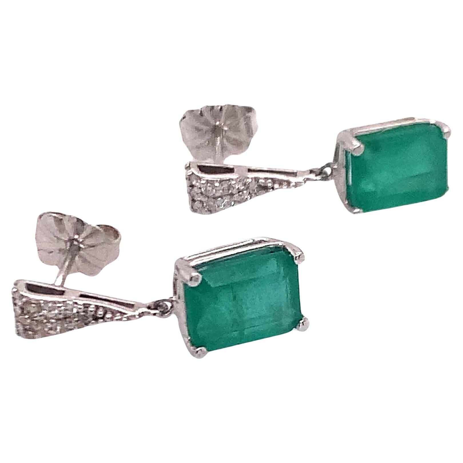 Natural Emerald Diamond Dangle Earrings 14k WG 2.99 TCW Certified  For Sale