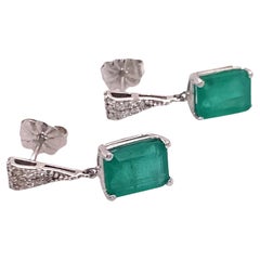 Natural Emerald Diamond Dangle Earrings 14k WG 2.99 TCW Certified 