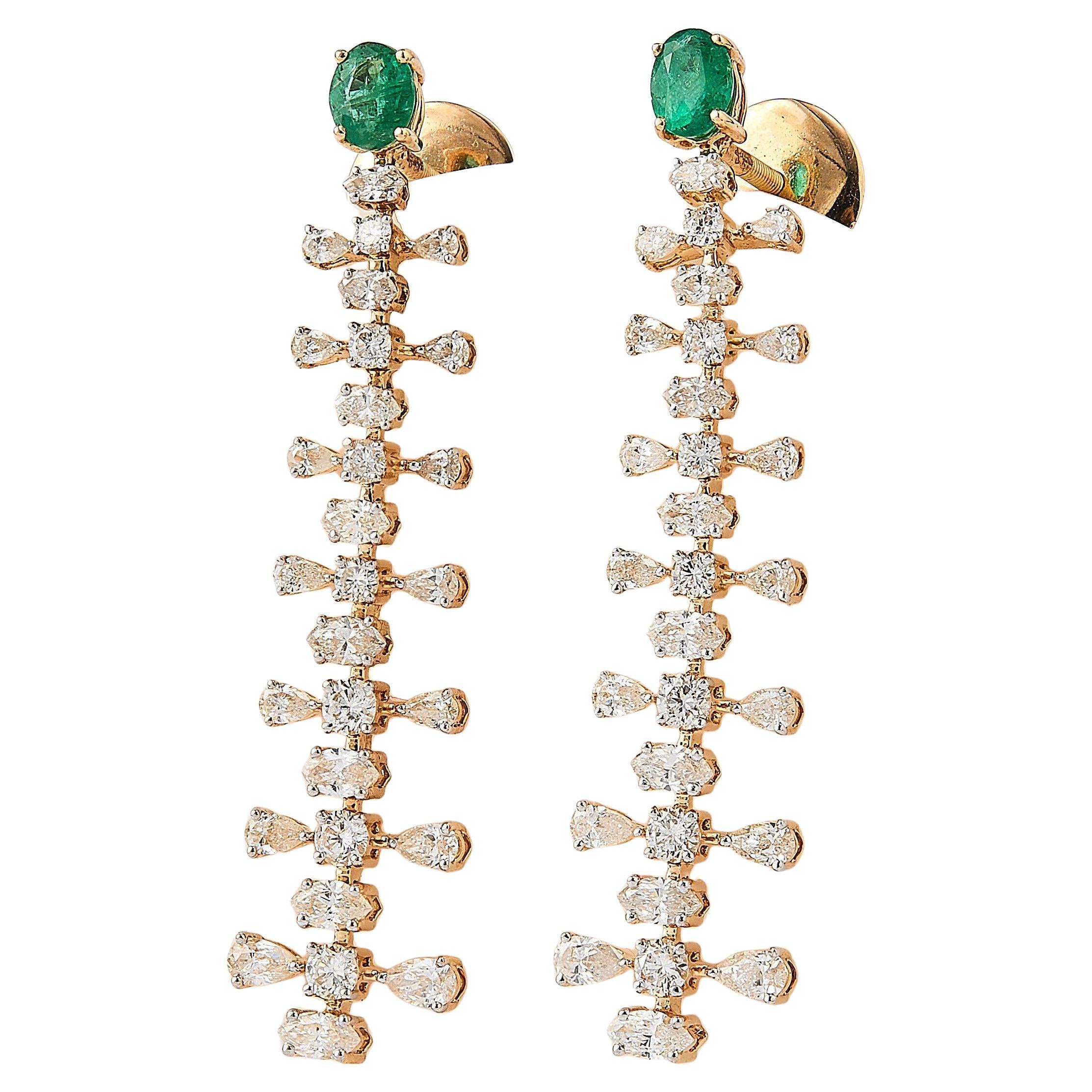 Natural Emerald & Diamond Dangle Gemstone Earrings in 14K Solid Gold (Certified)