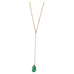 Natural Emerald Diamond Drop Chain Lariat Necklace in 14K Solid Gold (Certified)