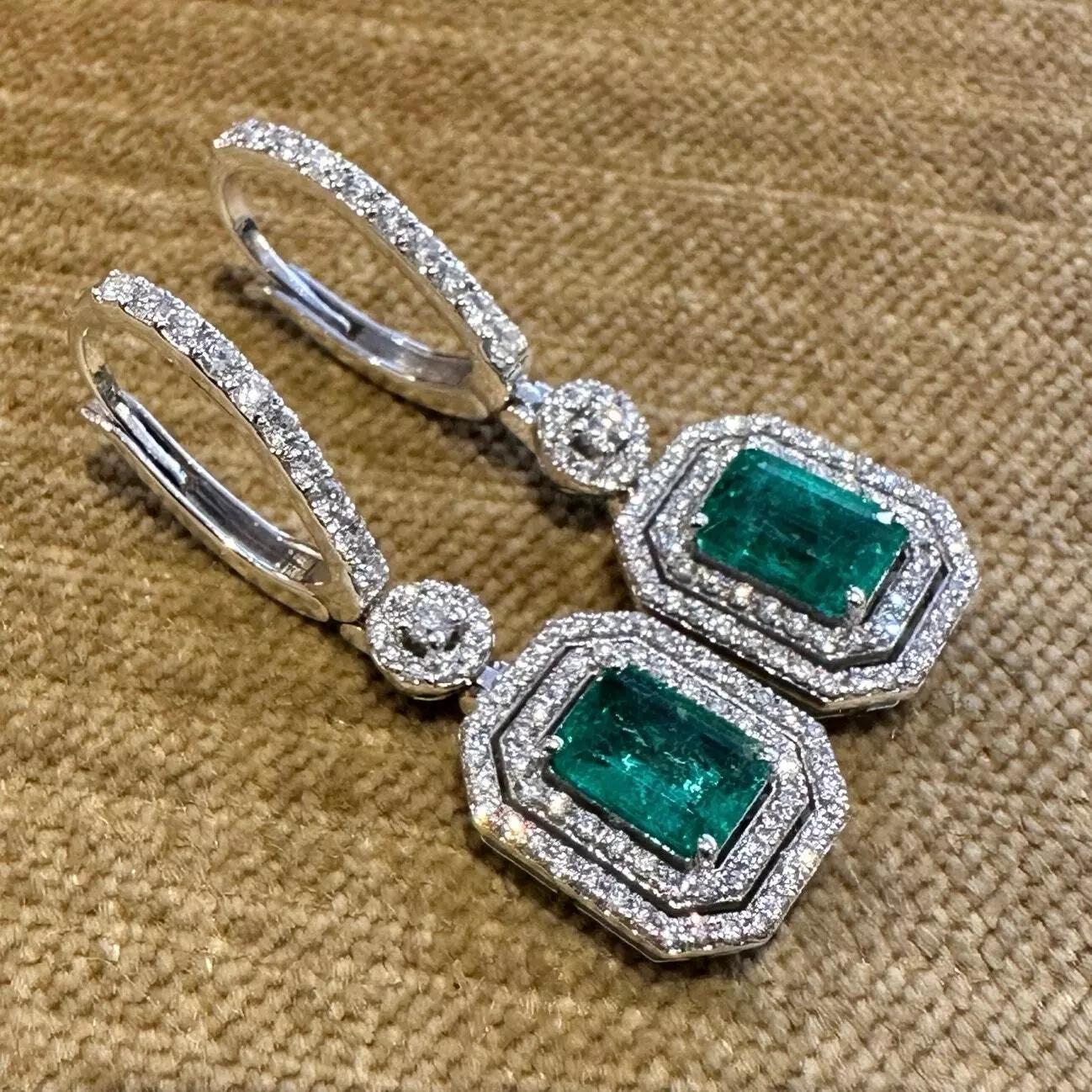 Emerald Cut Natural Emerald & Diamond Drop Earrings in 18k White Gold