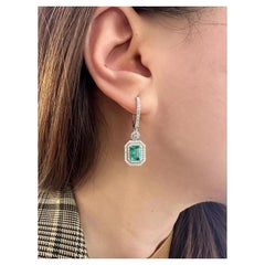 Natural Emerald & Diamond Drop Earrings in 18k White Gold