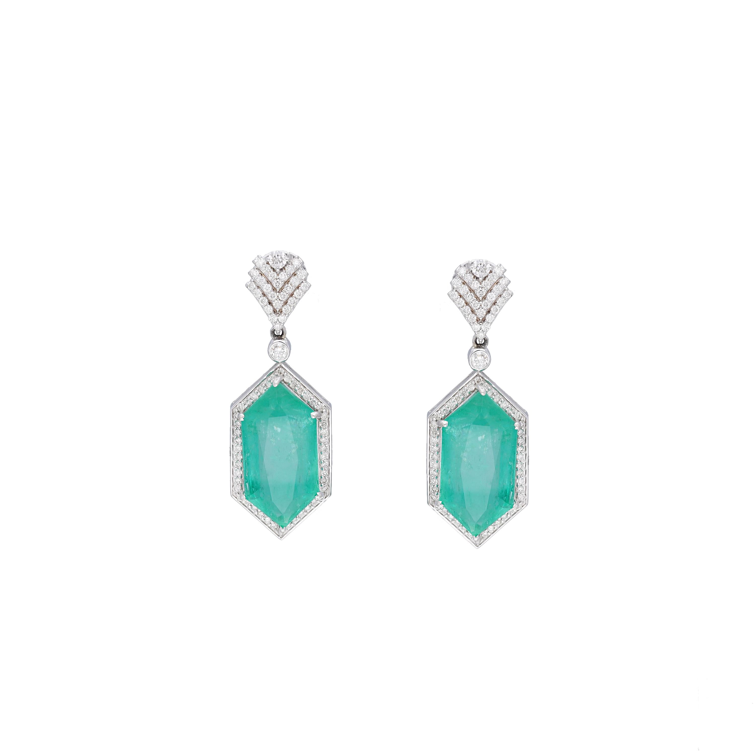 Emerald Cut Natural Emerald & diamond earring 14k gold For Sale