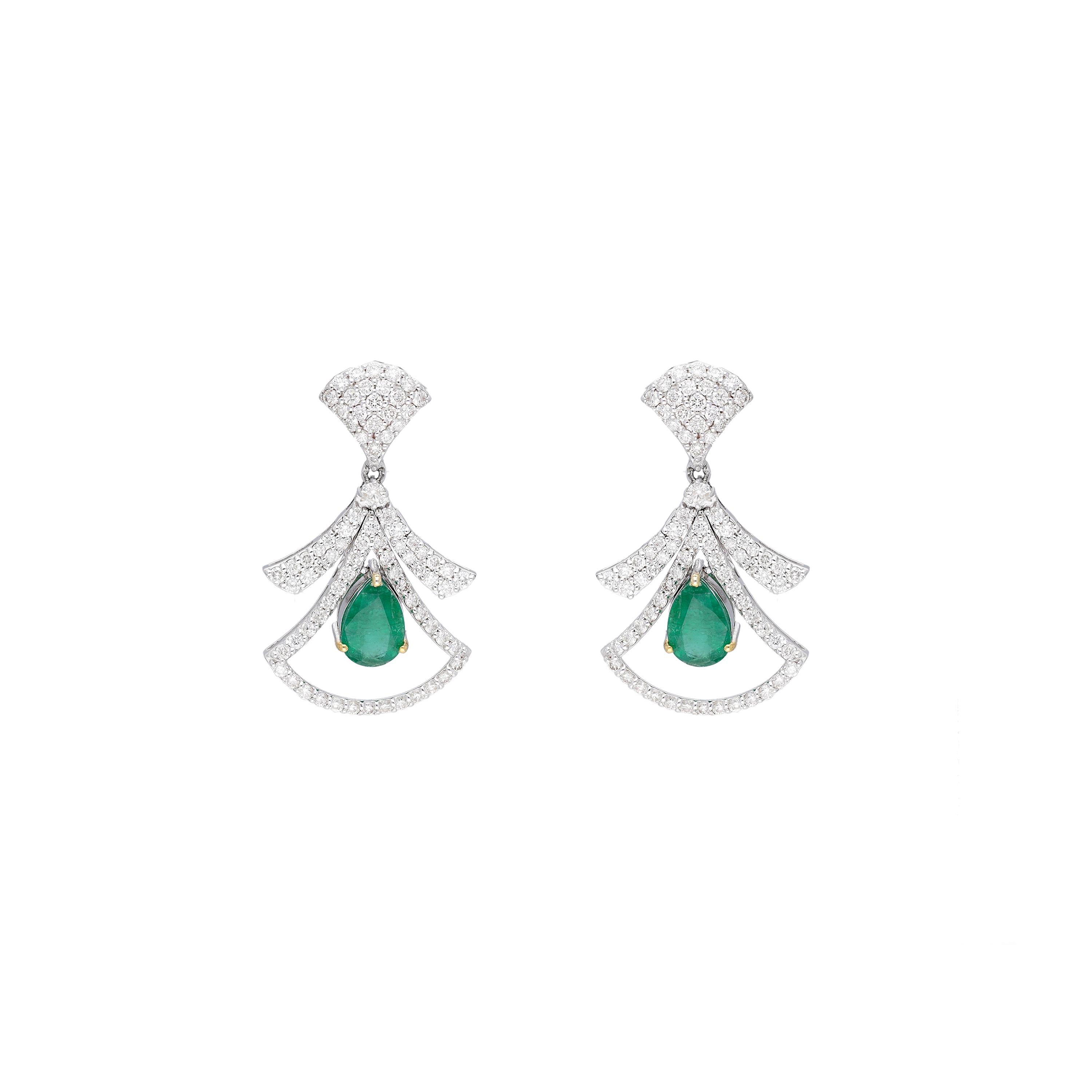 Pendiente Esmeralda natural y diamante Oro 14k Corte esmeralda en venta