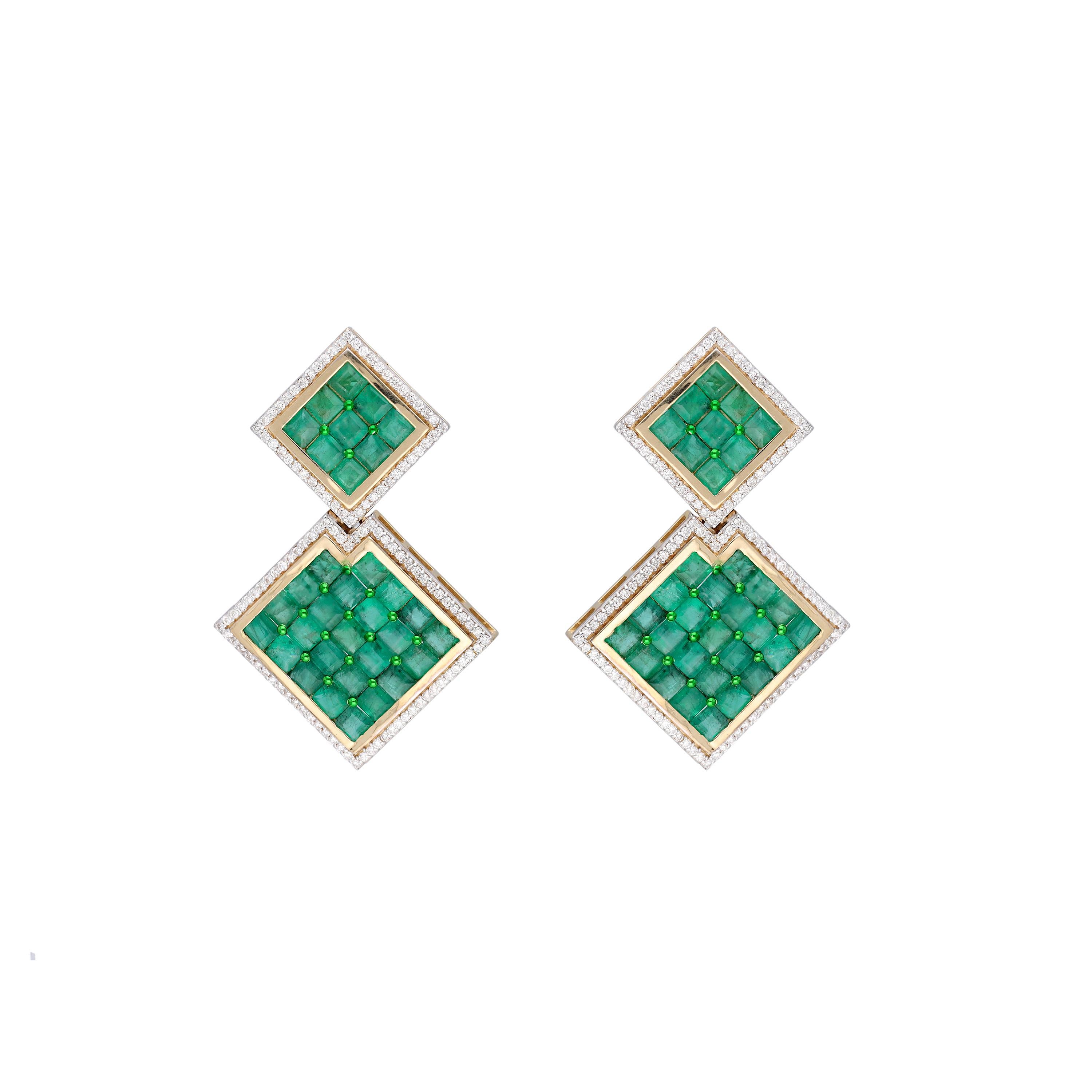 Taille émeraude Boucle d'oreille émeraude naturelle et diamant or 14k en vente