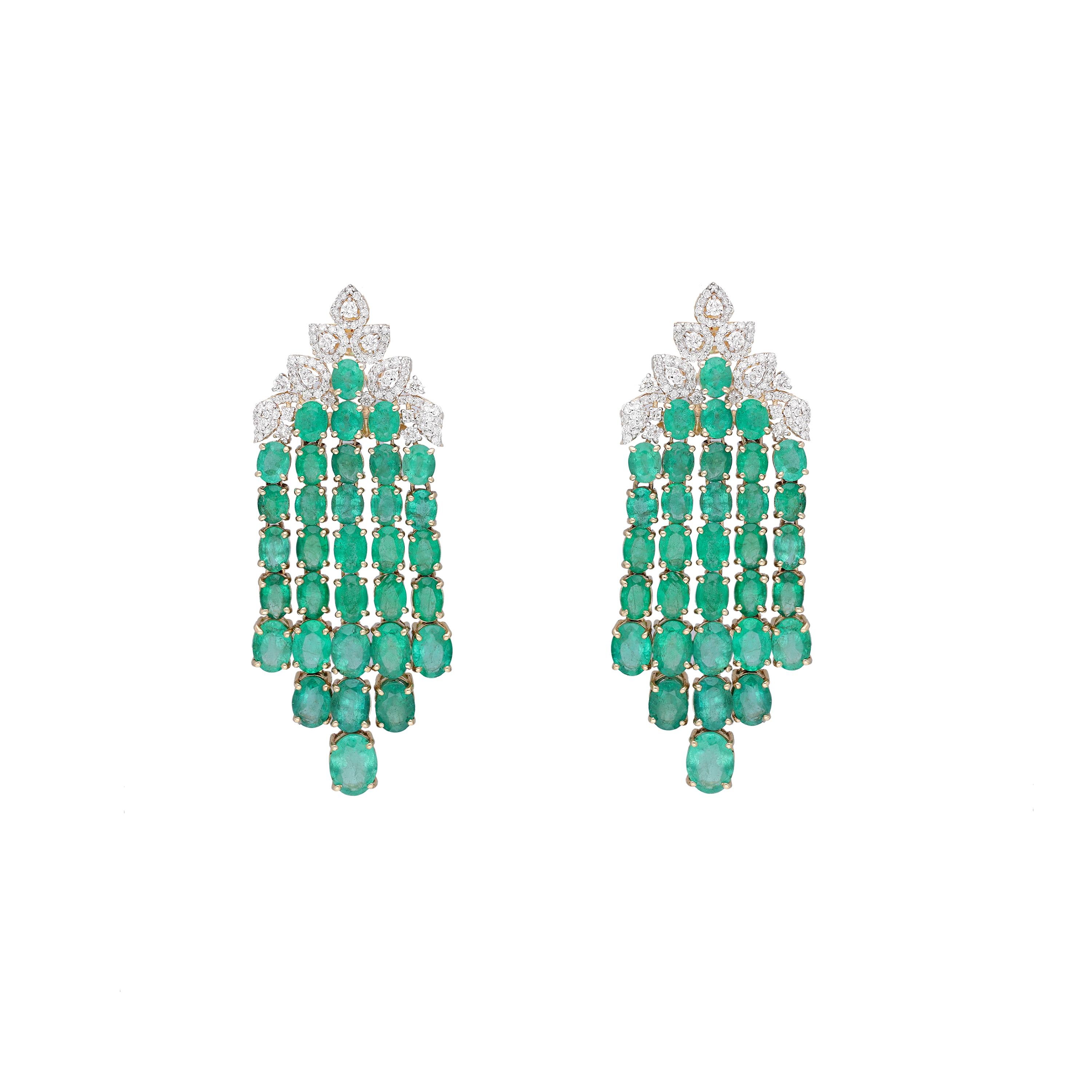 Emerald Cut Natural Emerald & diamond earring 14k gold For Sale