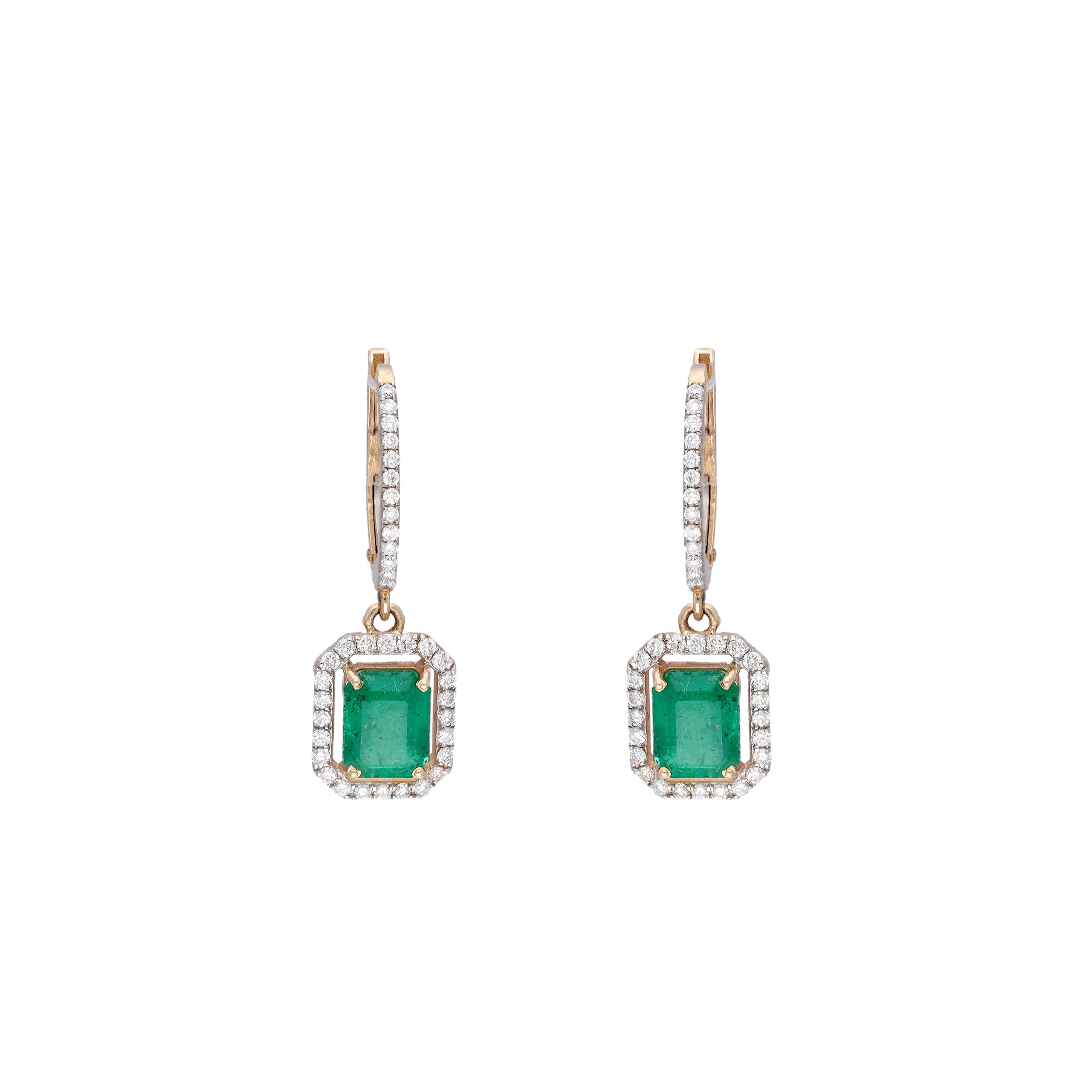 Emerald Cut Natural Emerald & diamond earring 14k gold