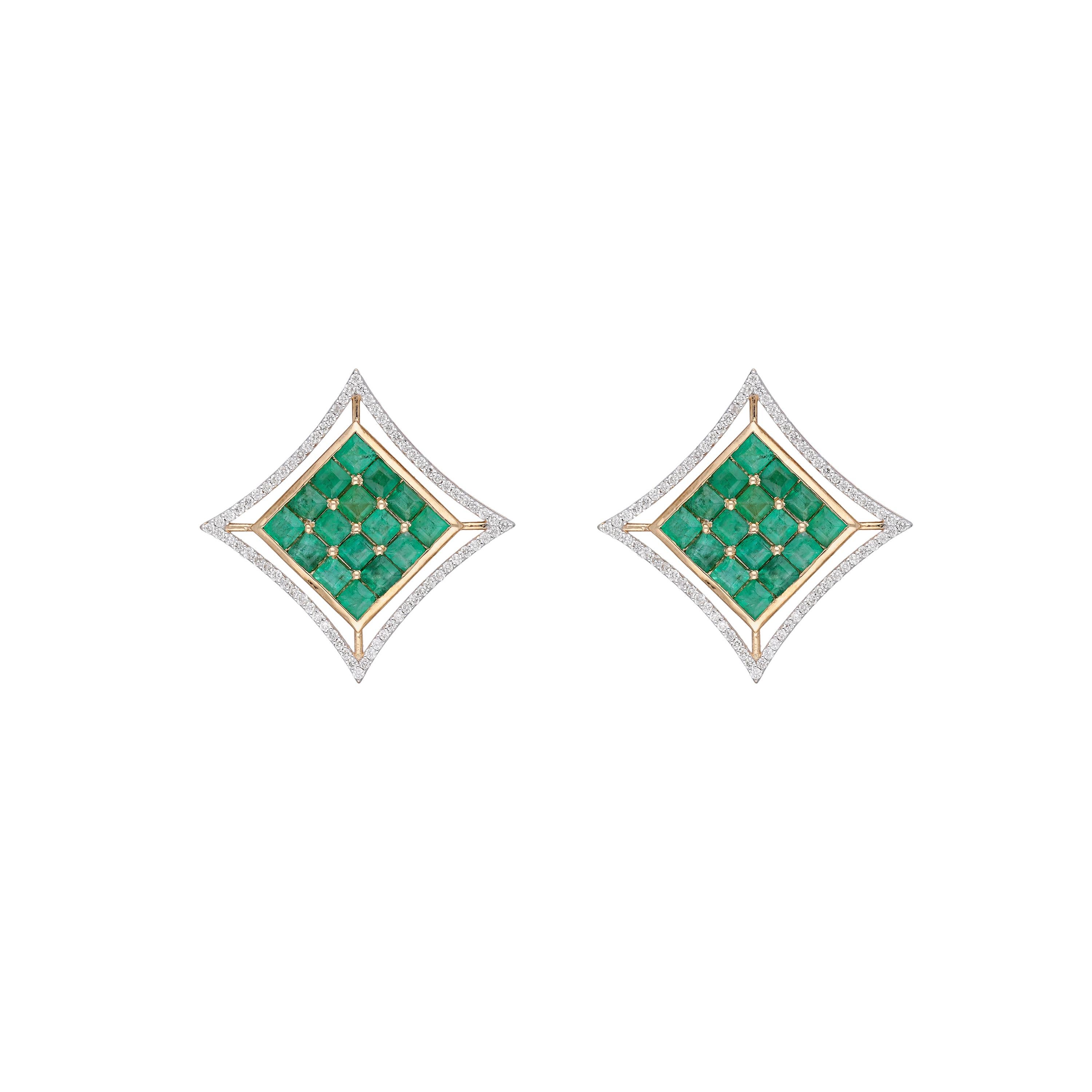 Women's Natural Emerald & diamond earring 14k gold For Sale