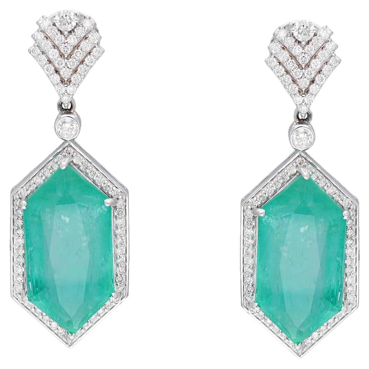 Natural Emerald & diamond earring 14k gold For Sale