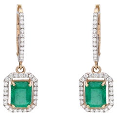 Natural Emerald & diamond earring 14k gold