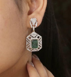 Natural Emerald & Diamond Earring in 14k Gold
