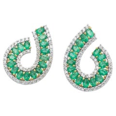 18K Gold Emerald and Diamond Stud Earrings, 2.18ct Diamonds