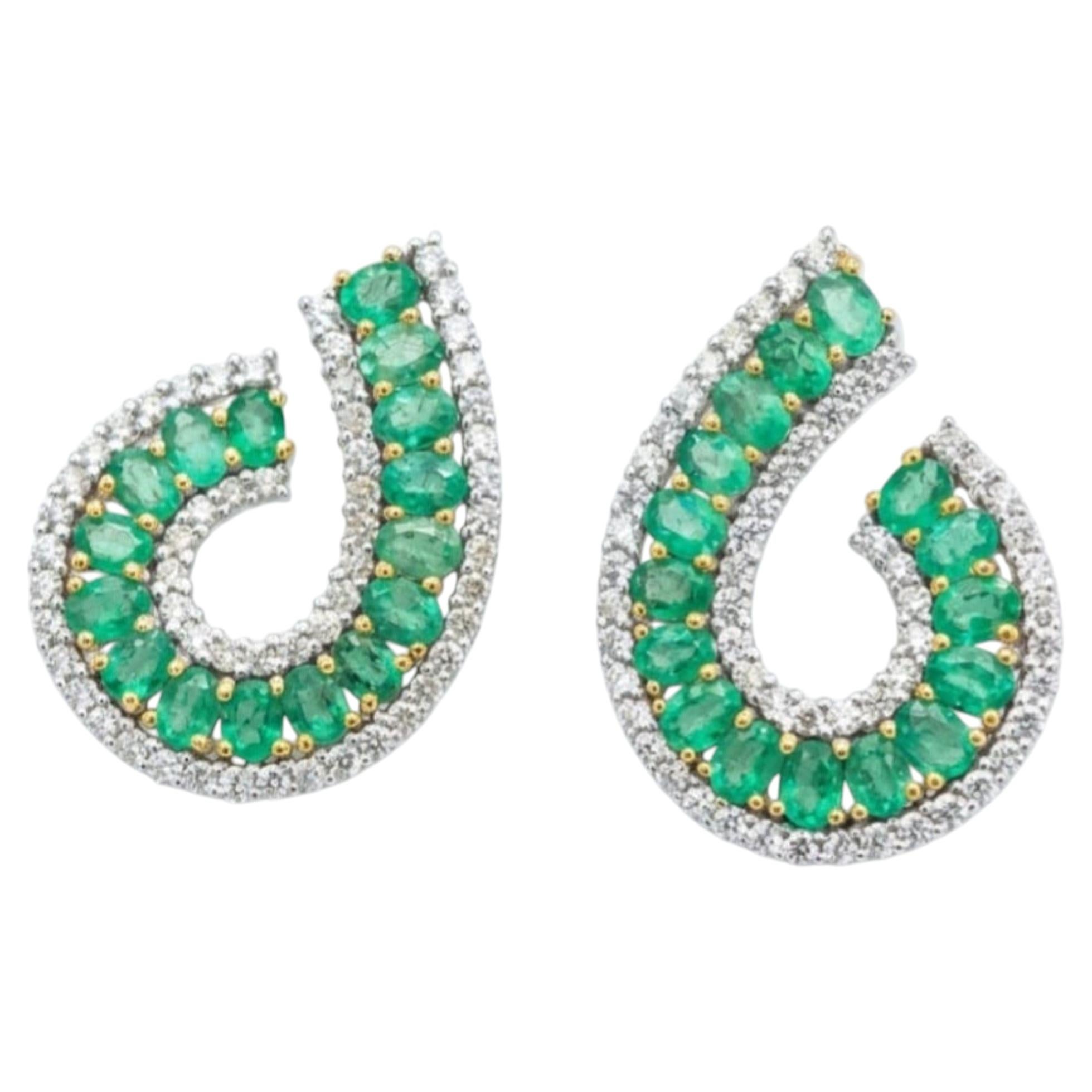 5.24ct Natural Emerald & 2.18ct Diamond Stud Earrings in 18K Gold For Sale