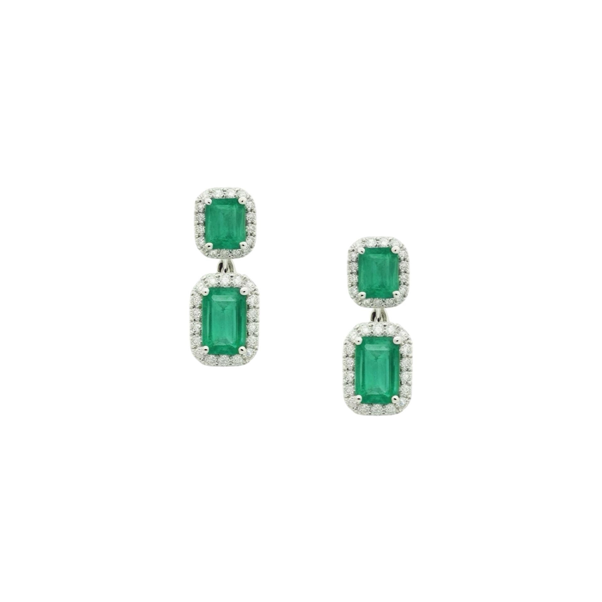 Emerald Cut Natural Emerald Diamond Earrings 14k Gold 3.48 TCW Certified For Sale