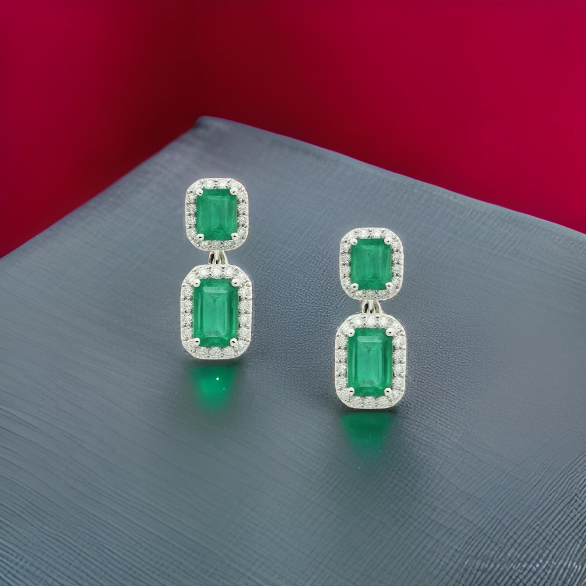 Natural Emerald Diamond Earrings 14k Gold 3.48 TCW Certified For Sale 2
