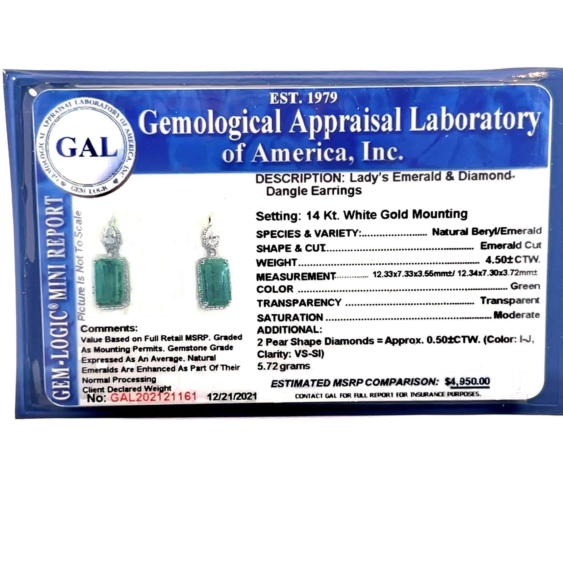 Natural Emerald Diamond Earrings 14k Gold 5.0 TCW Certified For Sale 7