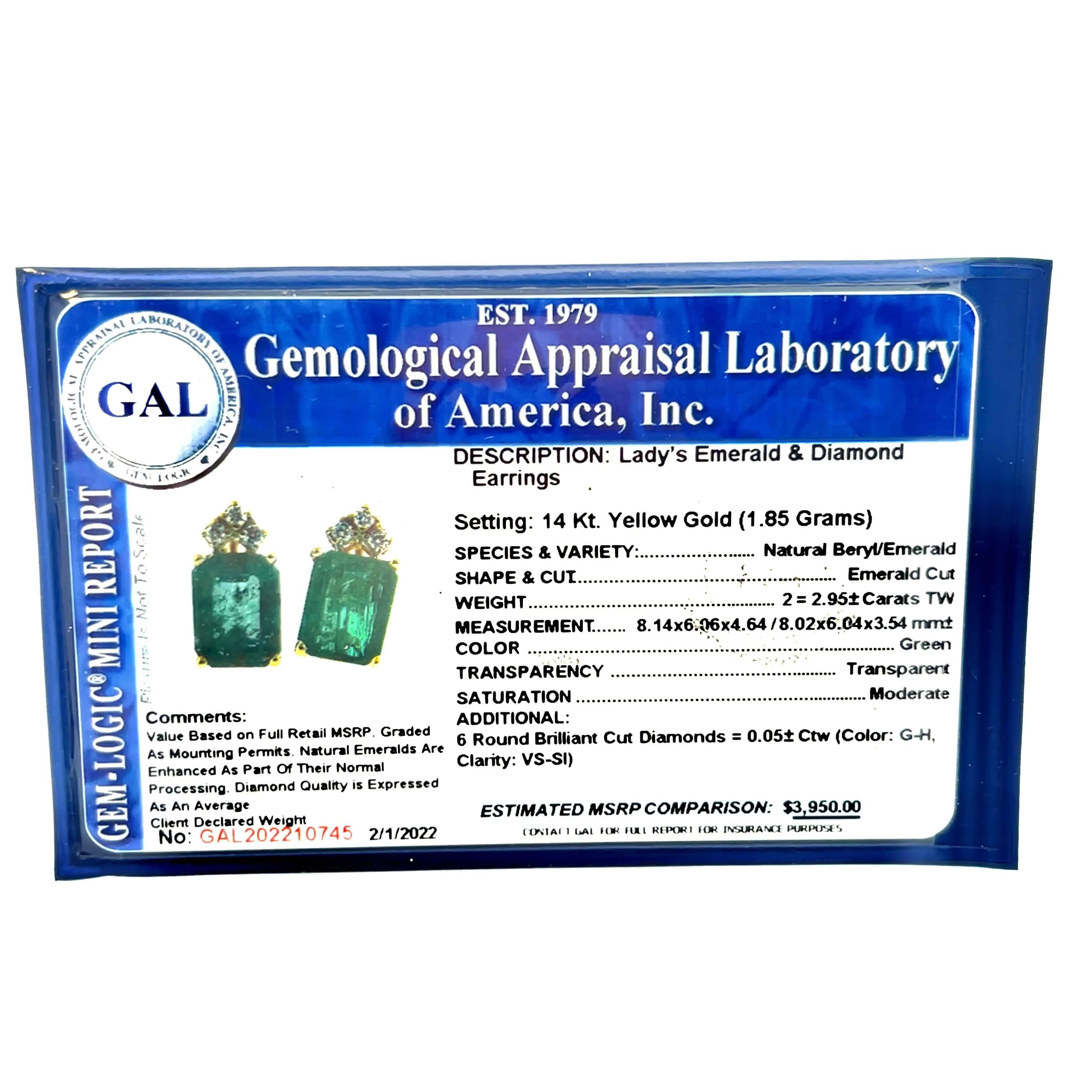 Natural Emerald Diamond Earrings 14k Yellow Gold 3.0 TCW Certified 9