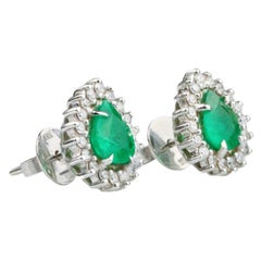 Boucles d'oreilles émeraude naturelle et diamant - or blanc massif 18K