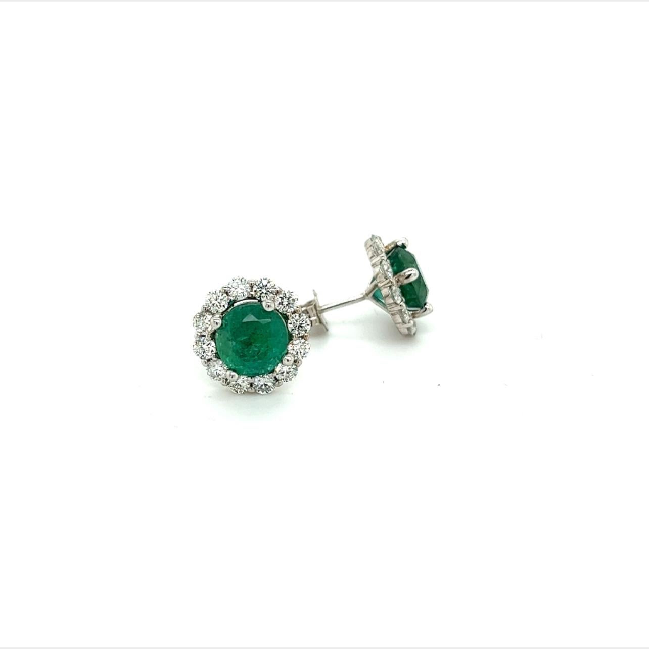 Round Cut Natural Emerald Diamond Earrings 18k White Gold 3.8 TCW Certified For Sale