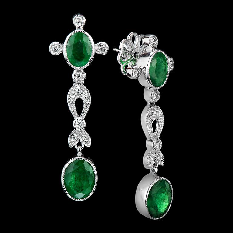 Art Deco Natural Emerald Diamond Earrings