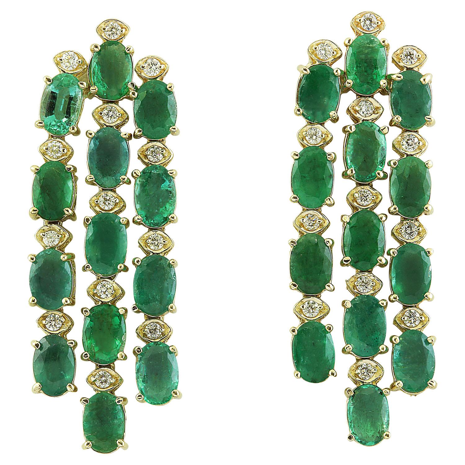 12.50 Carat Natural Emerald 14 Karat Solid Yellow Gold Diamond Earrings
Stamped: 14K 
Total Earrings Weight: 9 Grams 
Emerald Weight: 12.00 Carat (6.00x4.00 Millimeters) 
Treatment: Oiling
Diamond Weight: 0.50 Carat (F-G Color, VS2-SI1