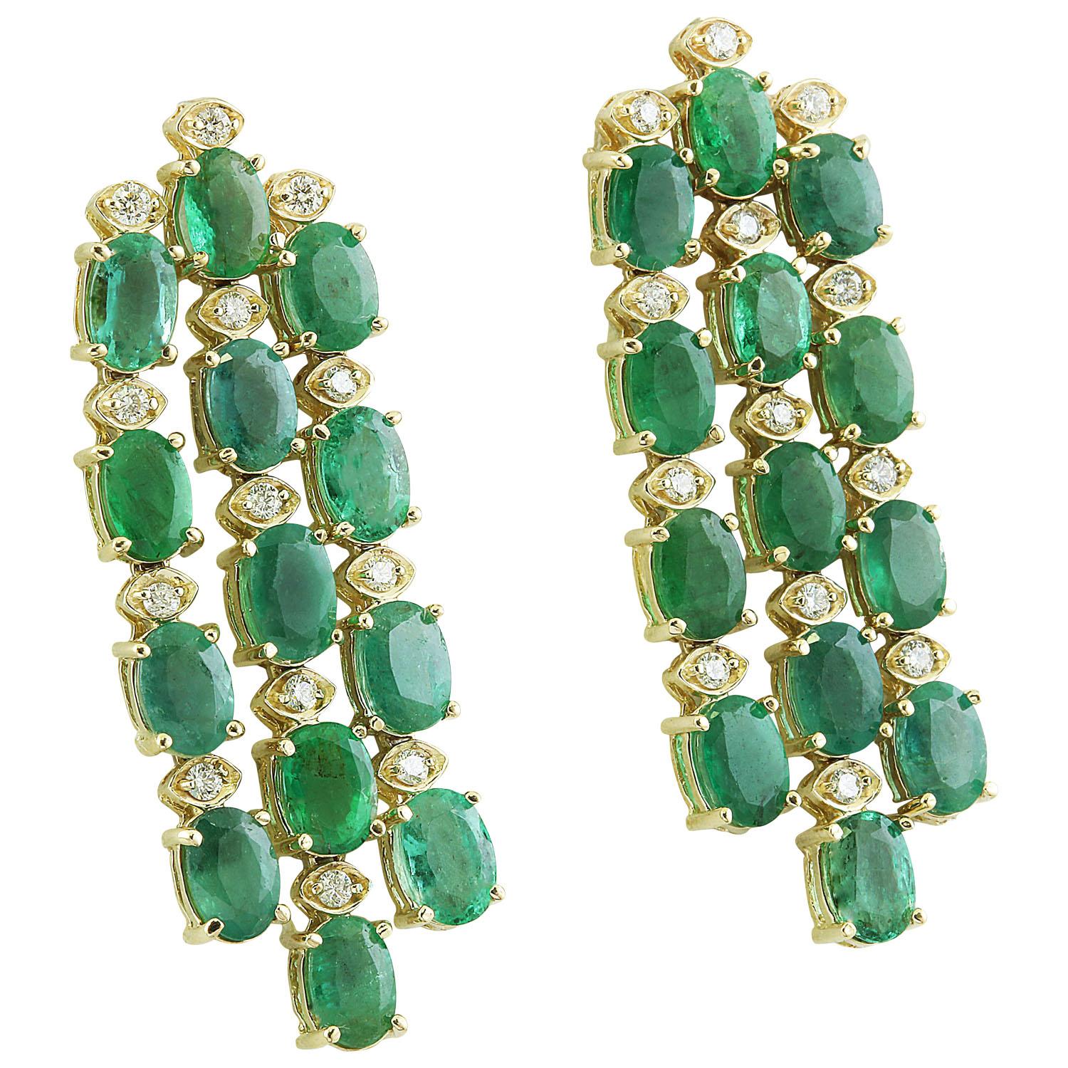 Oval Cut Natural Emerald Diamond Earrings in 14 Karat Solid Yellow Gold  For Sale