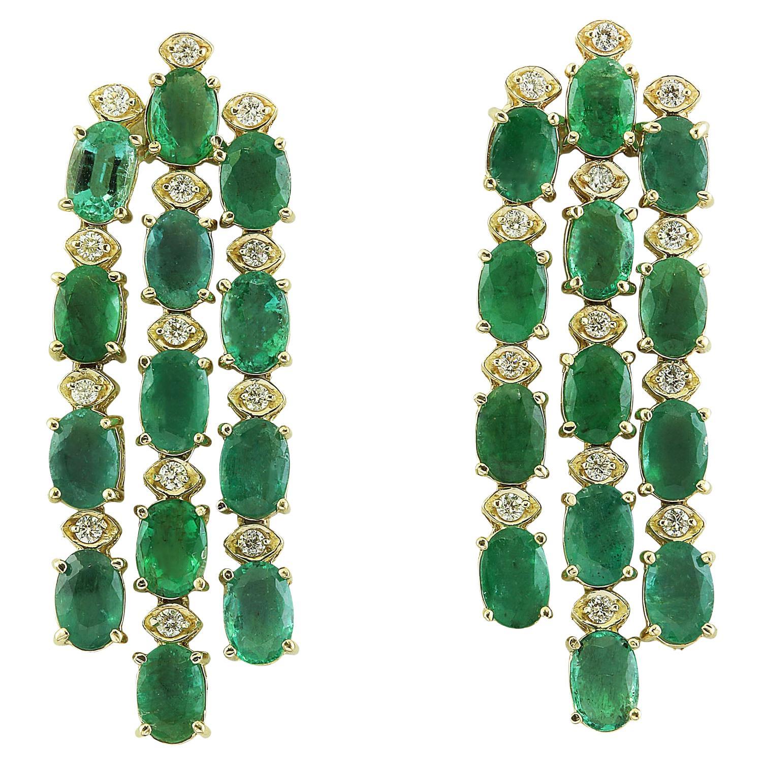 Natural Emerald Diamond Earrings in 14 Karat Solid Yellow Gold  For Sale