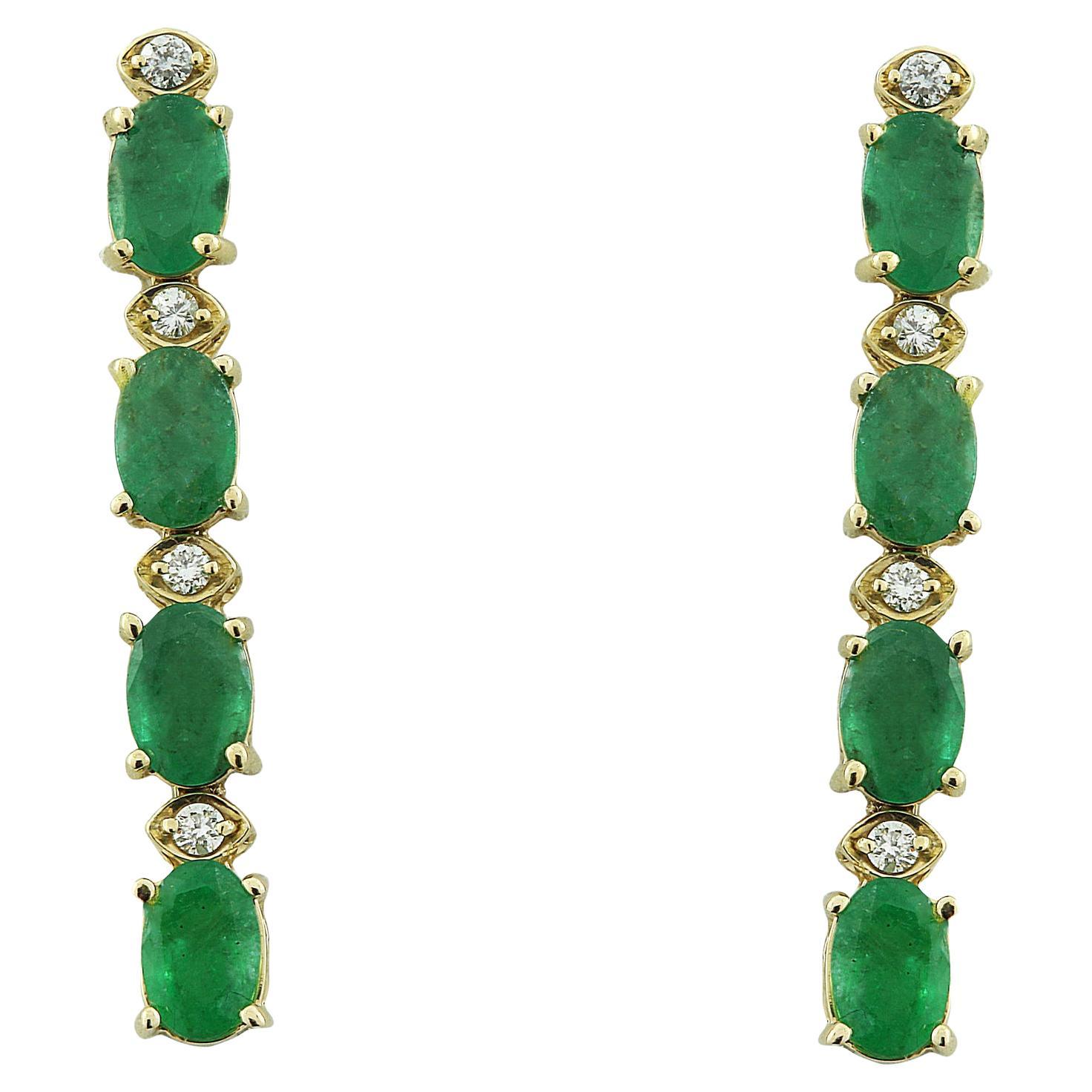 Natural Emerald Diamond Earrings in 14 Karat Solid Yellow Gold  For Sale