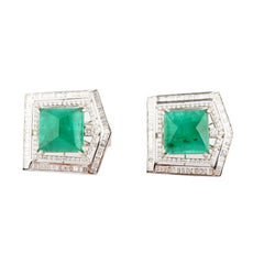18k Gold Emerald and Diamond Halo Earrings, 14.27ct Emerald
