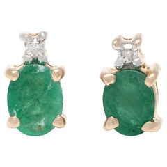 Natural Emerald Diamond Earrings Stud, 14K Yellow Gold
