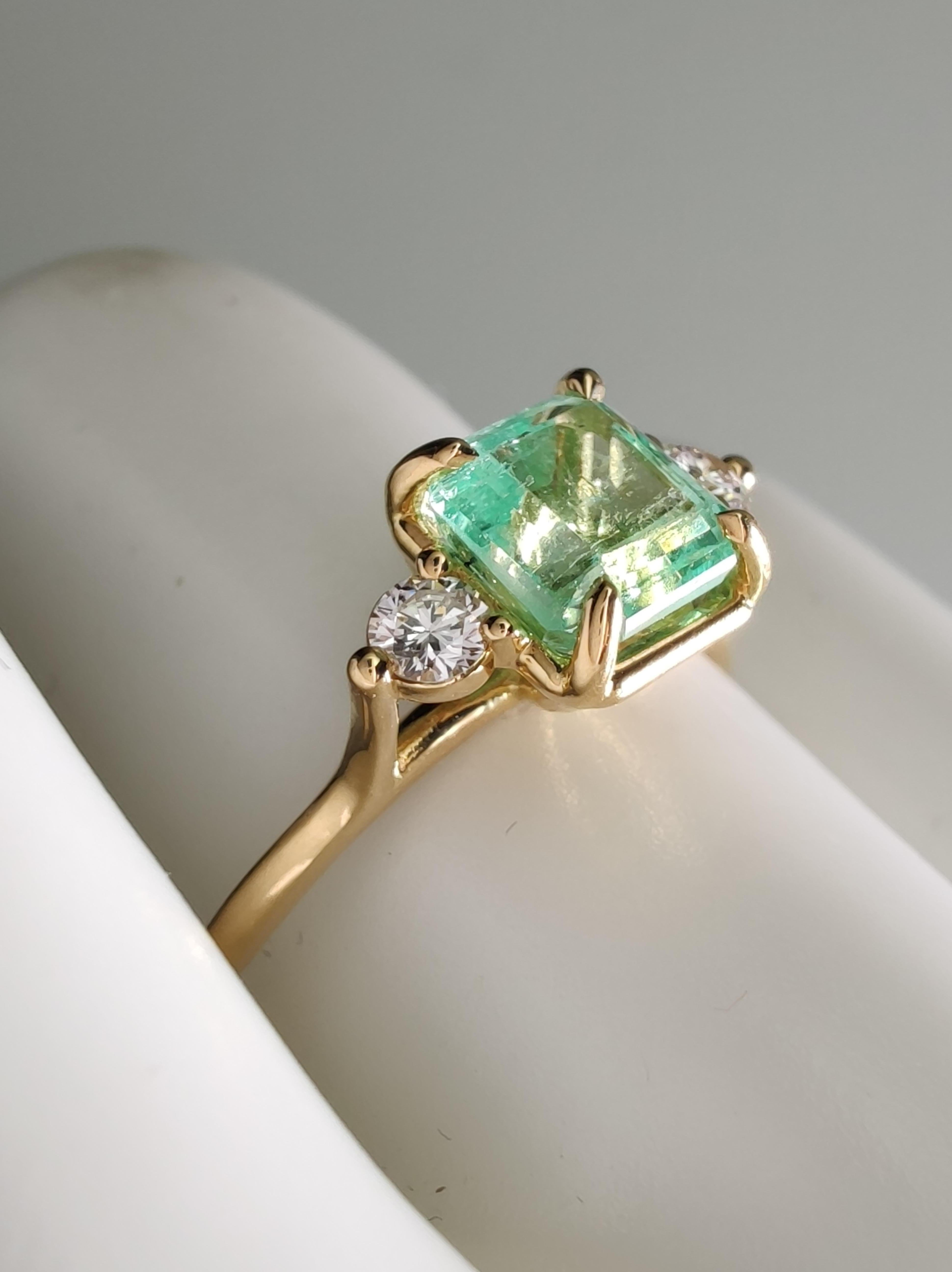 Emerald Cut Natural Emerald Diamond Engagement Ring, 18K Gold -