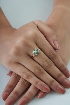 Natural Zambian Emerald & Diamond Floral Cluster Ring in 14K Solid Yellow Gold