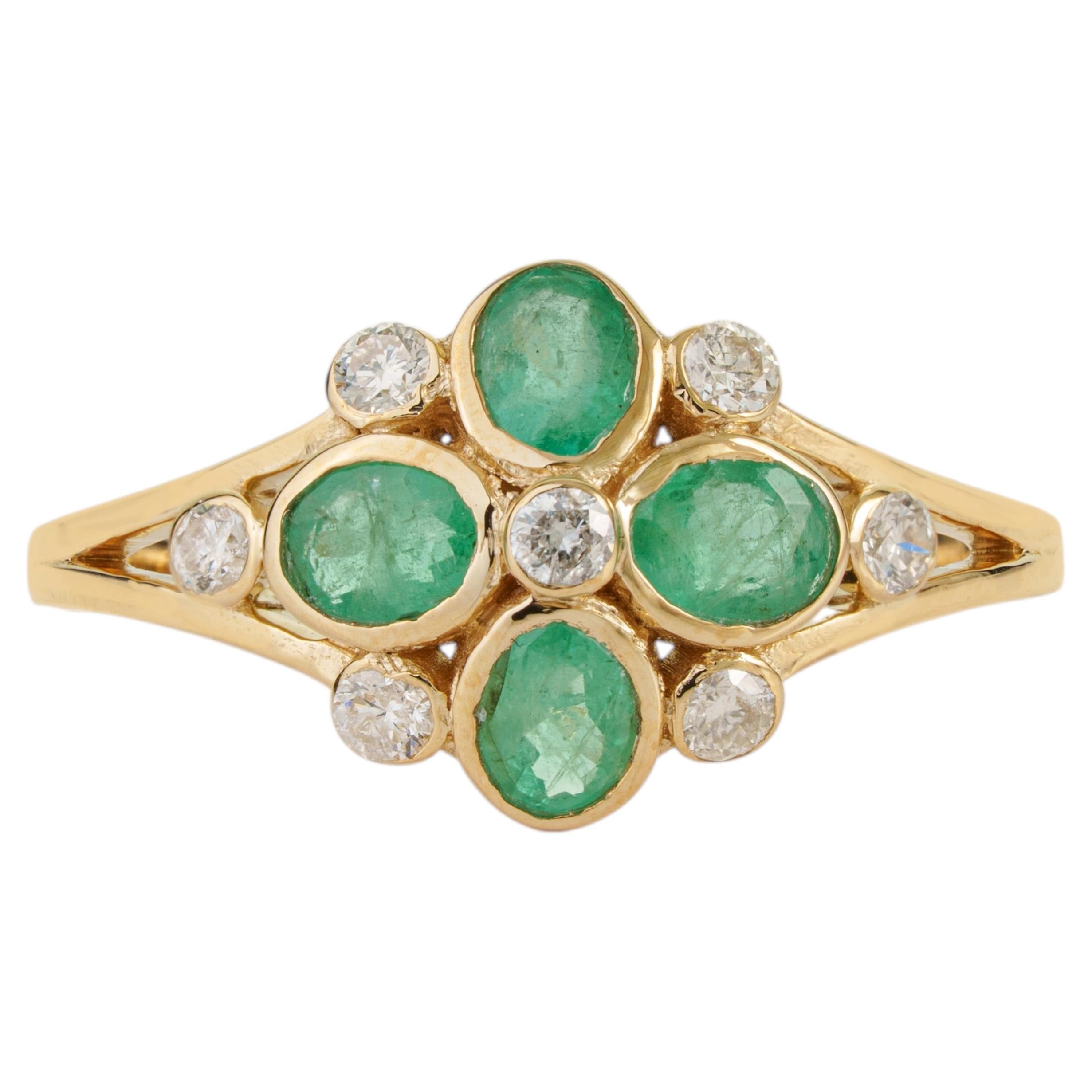 For Sale:  Natural Zambian Emerald & Diamond Floral Cluster Ring in 14K Solid Yellow Gold
