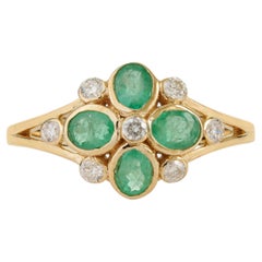 Natural Zambian Emerald & Diamond Floral Cluster Ring in 14K Solid Yellow Gold