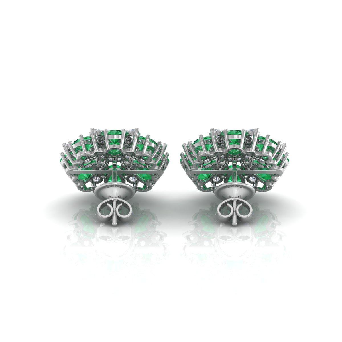Modern Natural Emerald Diamond Flower Stud Earrings 14 Karat White Gold Fine Jewelry For Sale