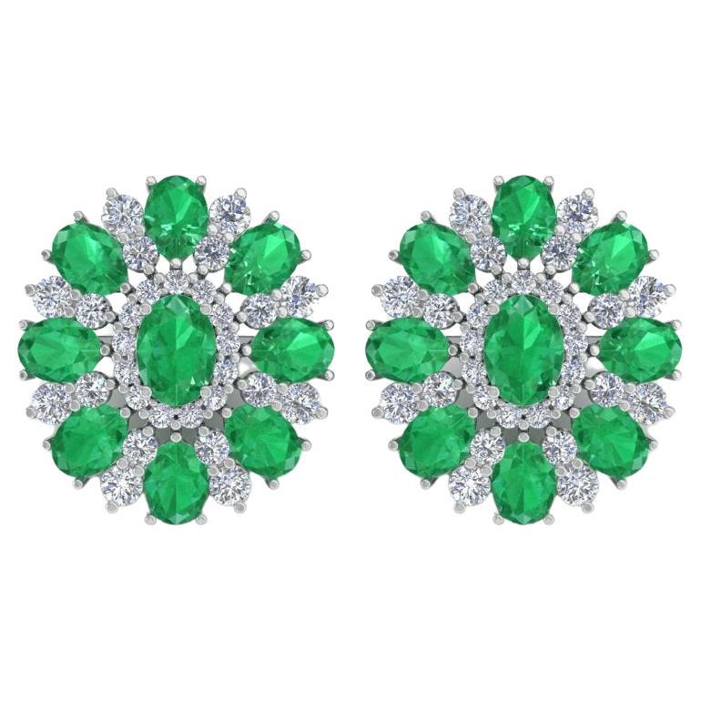 Natural Emerald Diamond Flower Stud Earrings 14 Karat White Gold Fine Jewelry For Sale