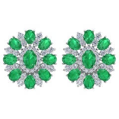 Natural Emerald Diamond Flower Stud Earrings 14 Karat White Gold Fine Jewelry